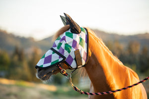 Racer Harlequinn Fly Mask with Ears and Detachable Nose