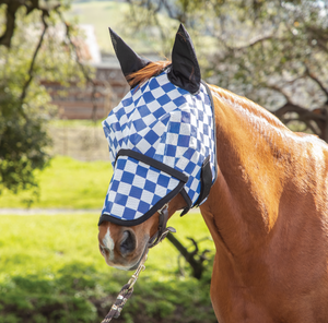 Racer Blue Check Fly Mask with Ears and Detachable Nose